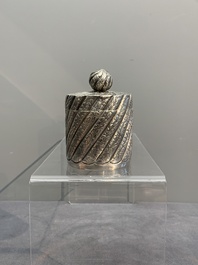 A silver tazza, four boxes and a large spoon, China and Thailand 19/20th C.
