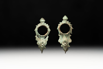Three palanquin hooks, a bronze sculpture of naga Mucalinda and an elephant-form kendi, Cambodia, 13th C. and earlier