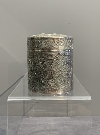 A silver tazza, four boxes and a large spoon, China and Thailand 19/20th C.