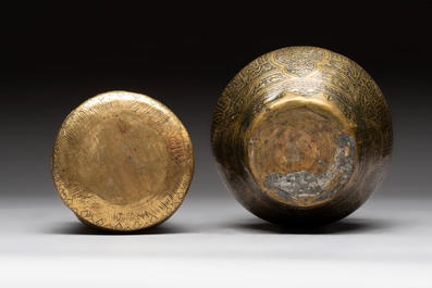 Three 'calligraphic' brass vessels, Qajar, 19/20th C.