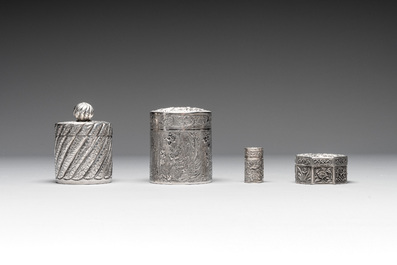 A silver tazza, four boxes and a large spoon, China and Thailand 19/20th C.