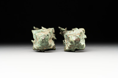 A collection of a bronze sculpture, three palanquin hooks and an elephant-form kendi, Cambodia, 13th C. and earlier