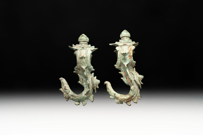 A collection of a bronze sculpture, three palanquin hooks and an elephant-form kendi, Cambodia, 13th C. and earlier