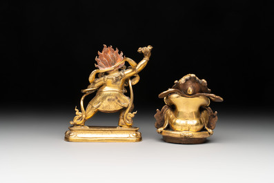 A Sino-Tibetan gilt-bronze Mahakala on stand, a Tibetan Vajradhaka and a Hayagriva, 19/20th C.
