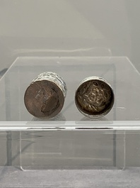 A silver tazza, four boxes and a large spoon, China and Thailand 19/20th C.