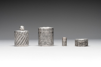 A silver tazza, four boxes and a large spoon, China and Thailand 19/20th C.