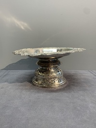 A silver tazza, four boxes and a large spoon, China and Thailand 19/20th C.