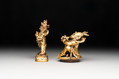 A Sino-Tibetan gilt-bronze Mahakala on stand, a Tibetan Vajradhaka and a Hayagriva, 19/20th C.