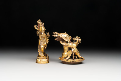 A Sino-Tibetan gilt-bronze Mahakala on stand, a Tibetan Vajradhaka and a Hayagriva, 19/20th C.