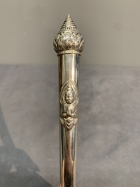 A silver tazza, four boxes and a large spoon, China and Thailand 19/20th C.