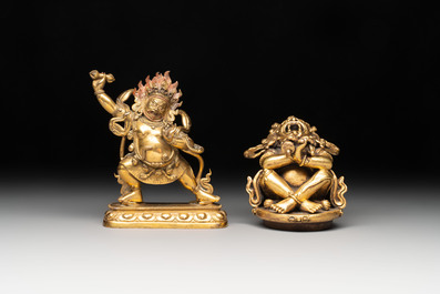 A Sino-Tibetan gilt-bronze Mahakala on stand, a Tibetan Vajradhaka and a Hayagriva, 19/20th C.