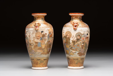 A pair of fine Japanese Satsuma vases and a 'mille-fleur' plate,  Tazawa 田沢造 and Takeda 武田 mark, Meiji, 19/20th C.