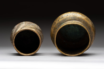 Three 'calligraphic' brass vessels, Qajar, 19/20th C.