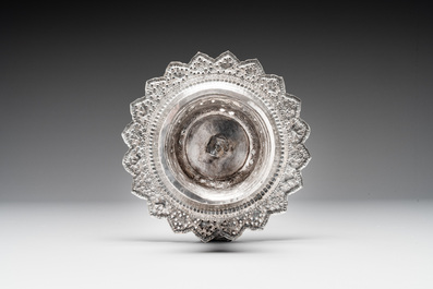 A silver tazza, four boxes and a large spoon, China and Thailand 19/20th C.