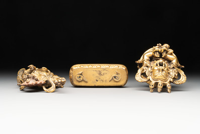 A Sino-Tibetan gilt-bronze Mahakala on stand, a Tibetan Vajradhaka and a Hayagriva, 19/20th C.