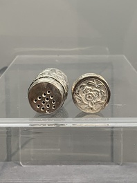 A silver tazza, four boxes and a large spoon, China and Thailand 19/20th C.