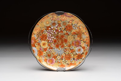 A pair of fine Japanese Satsuma vases and a 'mille-fleur' plate,  Tazawa 田沢造 and Takeda 武田 mark, Meiji, 19/20th C.