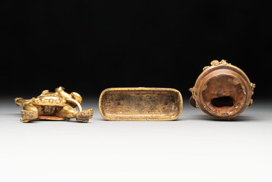 A Sino-Tibetan gilt-bronze Mahakala on stand, a Tibetan Vajradhaka and a Hayagriva, 19/20th C.