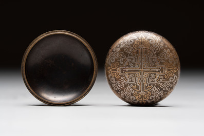 A Chinese gilt and silver inlaid bronze ink paste box and cover and with presentation box, Qianlong mark and possibly of the period