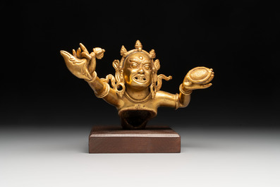 A Sino-Tibetan gilt-bronze Mahakala on stand, a Tibetan Vajradhaka and a Hayagriva, 19/20th C.