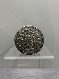 A silver tazza, four boxes and a large spoon, China and Thailand 19/20th C.