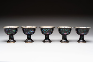 Five Chinese silver-lined laque burgaut&eacute; stem cups and a bowl, 18th C.