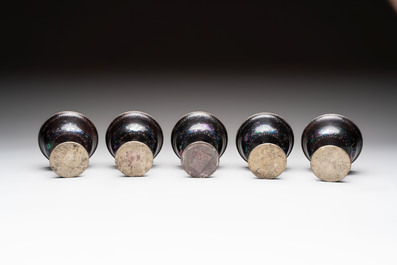 Five Chinese silver-lined laque burgaut&eacute; stem cups and a bowl, 18th C.