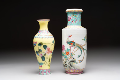 Three Chinese famille rose vases and a covered jar, Qianlong mark, 20th C.