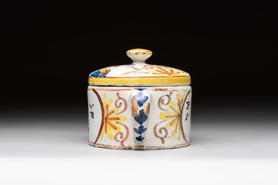 A polychrome Dutch Delft 'orangist' butter tub, 18th C.