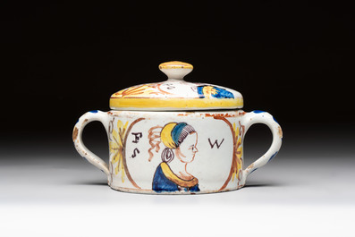 A polychrome Dutch Delft 'orangist' butter tub, 18th C.