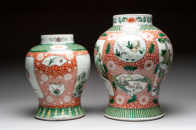 Two Chinese famille verte vases with flowers and mythical animals, 19th C.