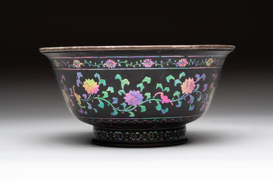 Five Chinese silver-lined laque burgaut&eacute; stem cups and a bowl, 18th C.