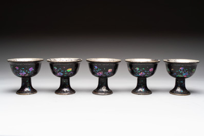 Five Chinese silver-lined laque burgaut&eacute; stem cups and a bowl, 18th C.