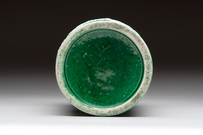 A Chinese verte biscuit 'riverscape' brush pot, artemisia leaf mark, 19th C.