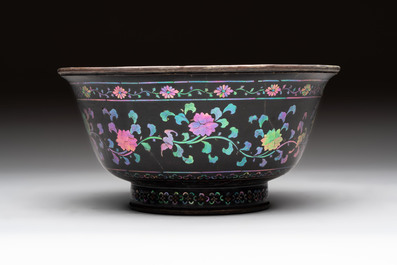 Five Chinese silver-lined laque burgaut&eacute; stem cups and a bowl, 18th C.