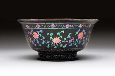 Five Chinese silver-lined laque burgaut&eacute; stem cups and a bowl, 18th C.