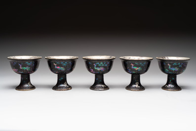 Five Chinese silver-lined laque burgaut&eacute; stem cups and a bowl, 18th C.