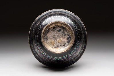 Five Chinese silver-lined laque burgaut&eacute; stem cups and a bowl, 18th C.