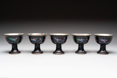 Five Chinese silver-lined laque burgaut&eacute; stem cups and a bowl, 18th C.