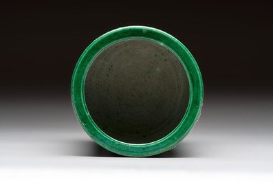 A Chinese verte biscuit 'riverscape' brush pot, artemisia leaf mark, 19th C.