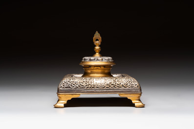 An Orientalist gilt and tinned bronze inkwell, probably France, 19th C.