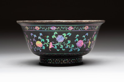 Five Chinese silver-lined laque burgaut&eacute; stem cups and a bowl, 18th C.