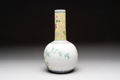 Three Chinese famille rose vases and a covered jar, Qianlong mark, 20th C.