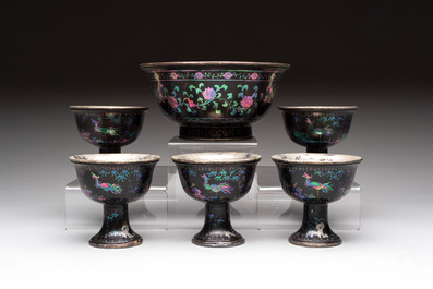 Five Chinese silver-lined laque burgaut&eacute; stem cups and a bowl, 18th C.