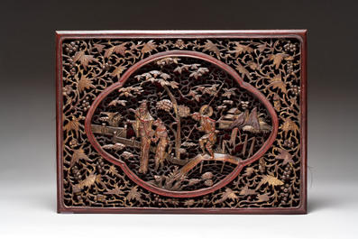 Six Chinese gilt lacquered panels with narrative design, 19th C.