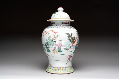A Chinese famille rose 'Xi Xiang Ji' vase and cover, 19th C.