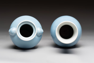 Two Chinese claire-de-lune vases, one with a wooden stand, Kangxi and Yongzheng mark, 19th C.