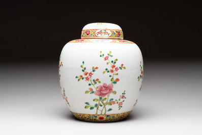 Three Chinese famille rose covered vases, one on a gilt bronze stand, and a covered jar, 19/20th C.