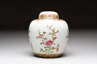 Three Chinese famille rose covered vases, one on a gilt bronze stand, and a covered jar, 19/20th C.