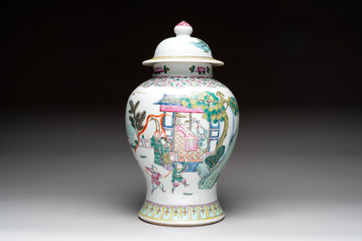 A Chinese famille rose 'Xi Xiang Ji' vase and cover, 19th C.